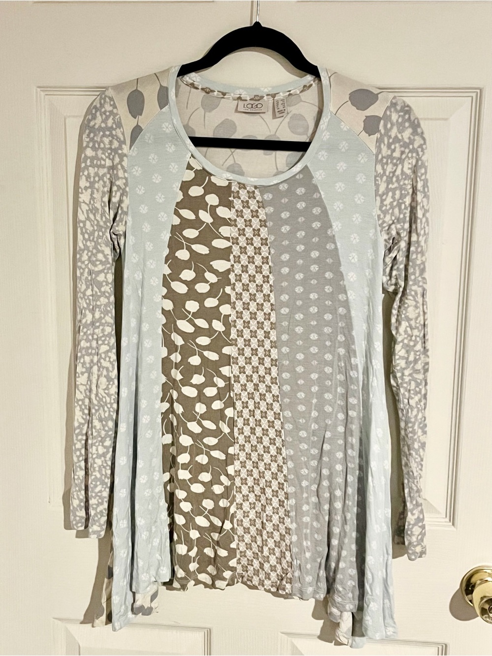 LOGO by Lori Goldstein Multi Print Long Sleeve Knit Top, Cream Grey, Sz XXS